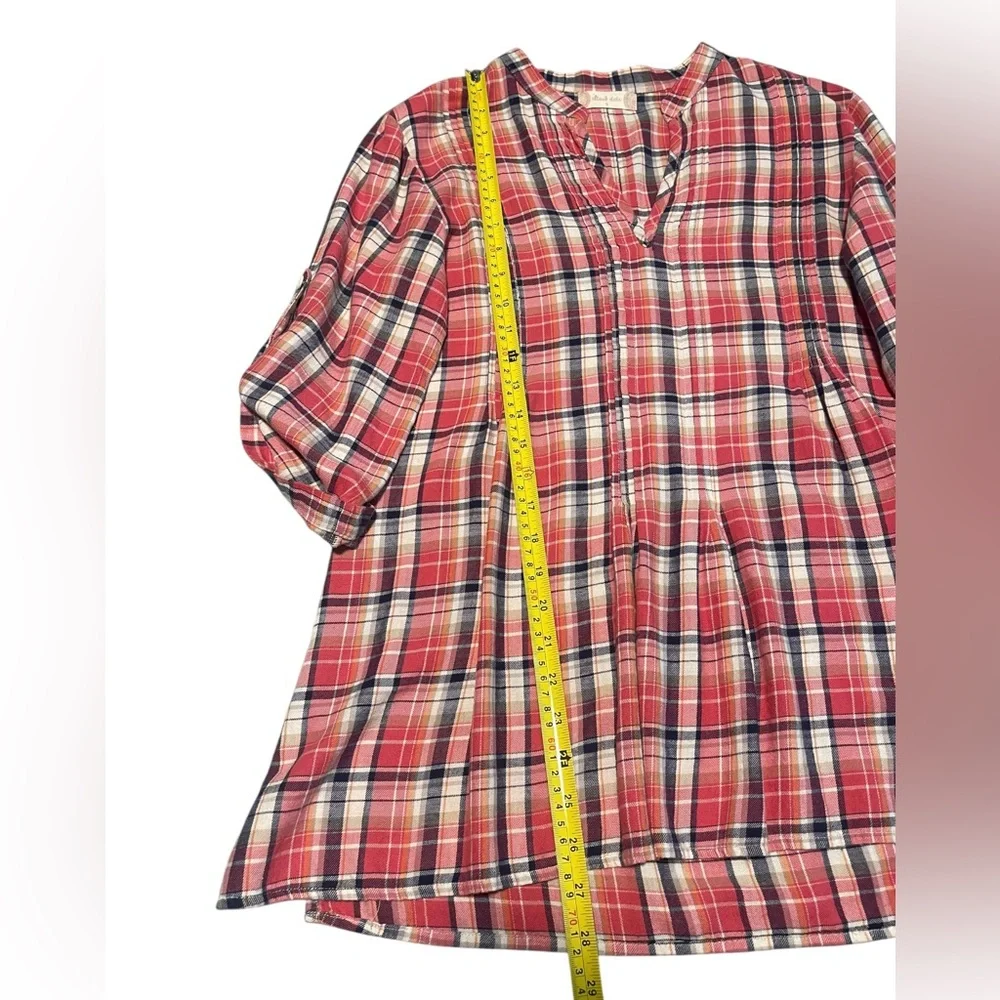 ALTAR'D STATE Plaid Tunic Pleated VNeck Cotton Top Blouse Size Small